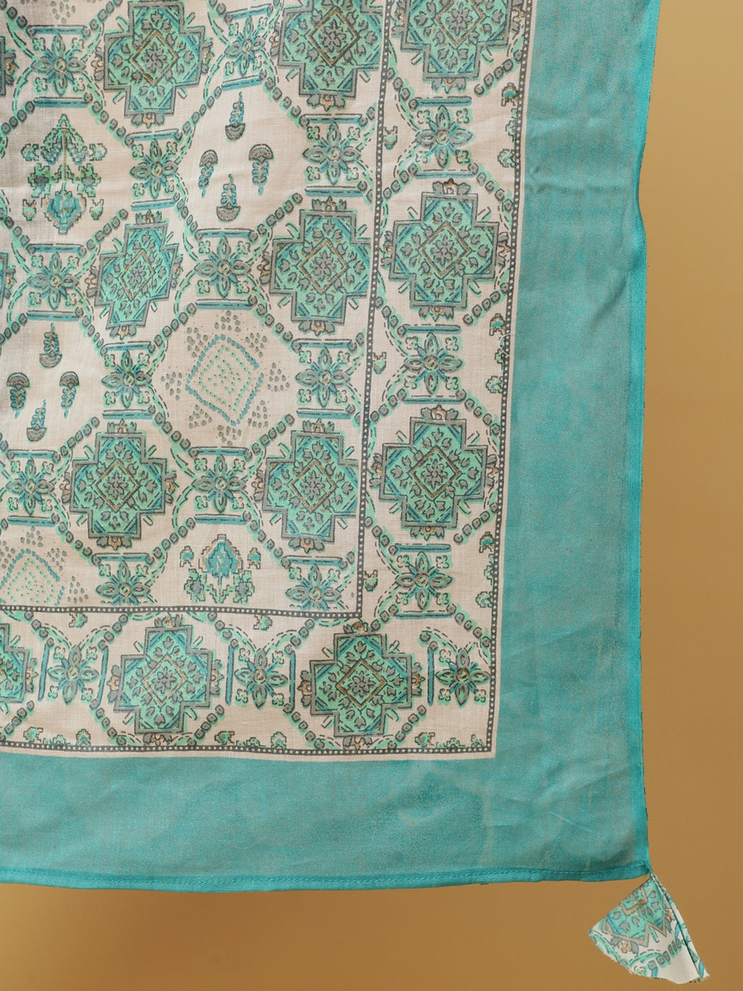 Cotton Calf Length Printed Flared 3/4 Sleeves V-Neck Kurta Bottom Dupatta Set