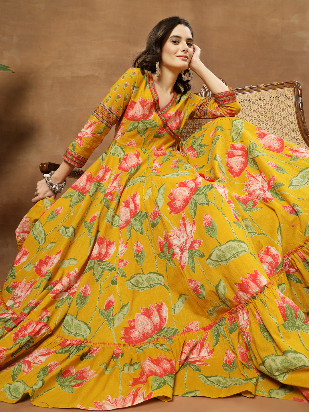 Flared Printed Cotton V-Neck Dress