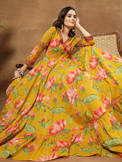 Flared Printed Cotton V-Neck Dress