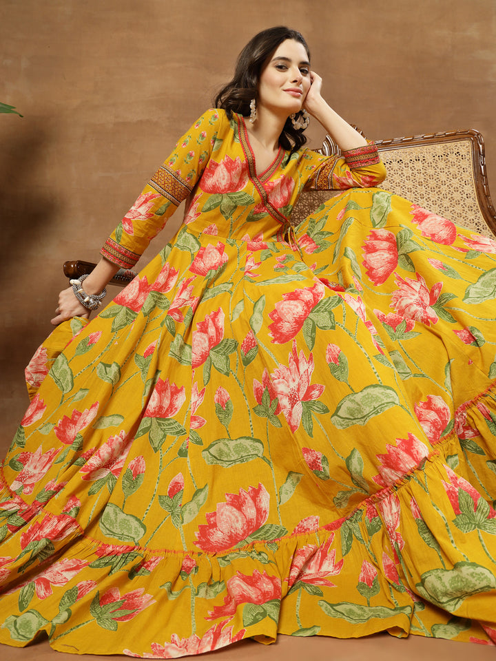 Flared Printed Cotton V-Neck Dress