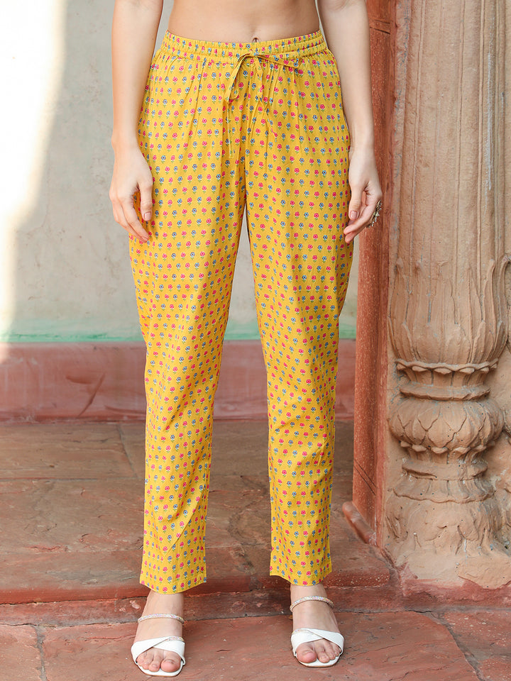 Cotton Calf Length Printed Straight 3/4 Sleeves V-neck Kurta Bottom Dupatta Set
