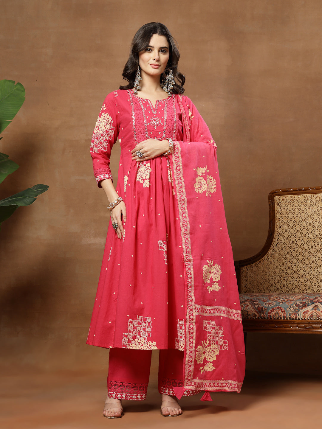 Flared Printed Cotton Round Neck Kurta Set With Dupatta