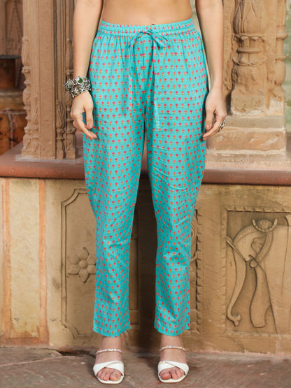 Cotton Calf Length Printed Straight 3/4 Sleeves V-neck Kurta Bottom Dupatta Set