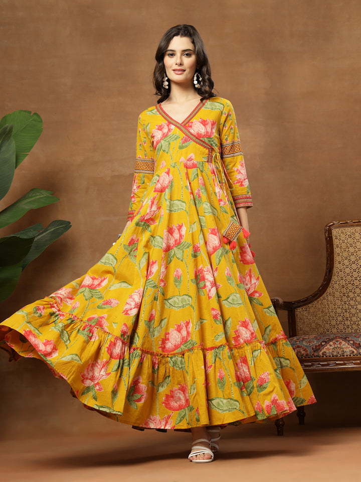 Flared Printed Cotton V-Neck Dress