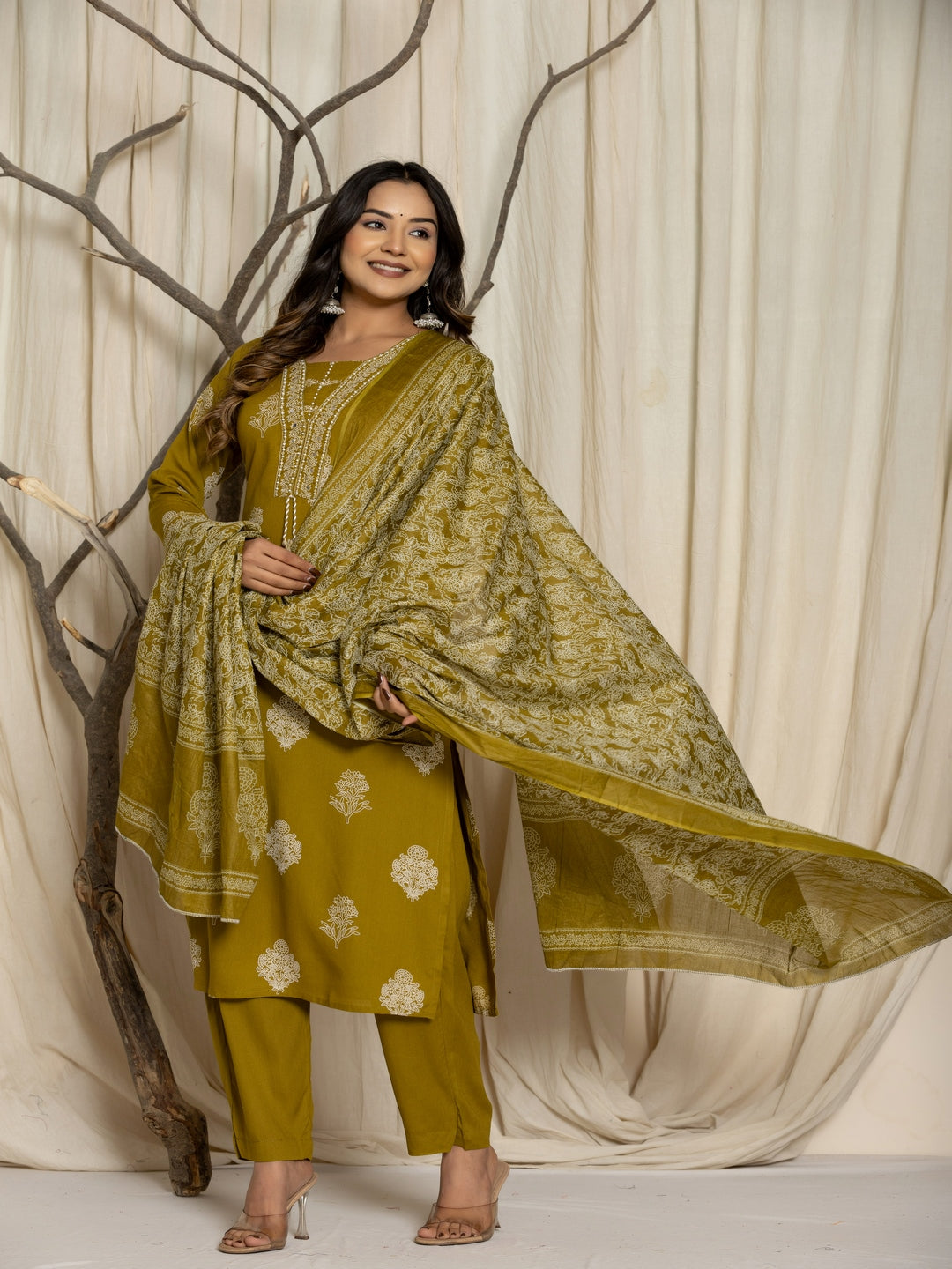 Floral Print Rayon Straight Kurta Set with Trousers &amp; Dupatta
