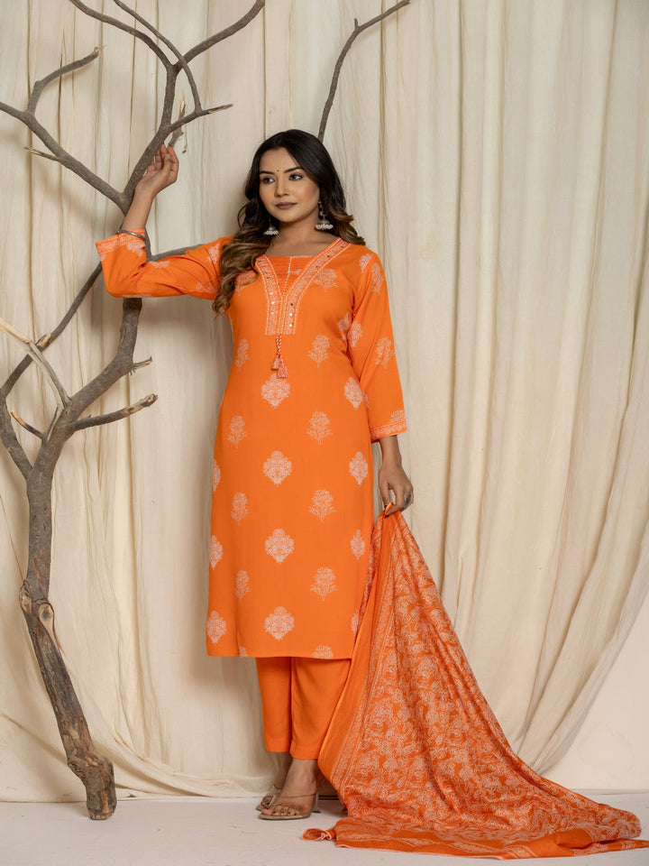 Floral Print Rayon Straight Kurta Set with Trousers &amp; Dupatta