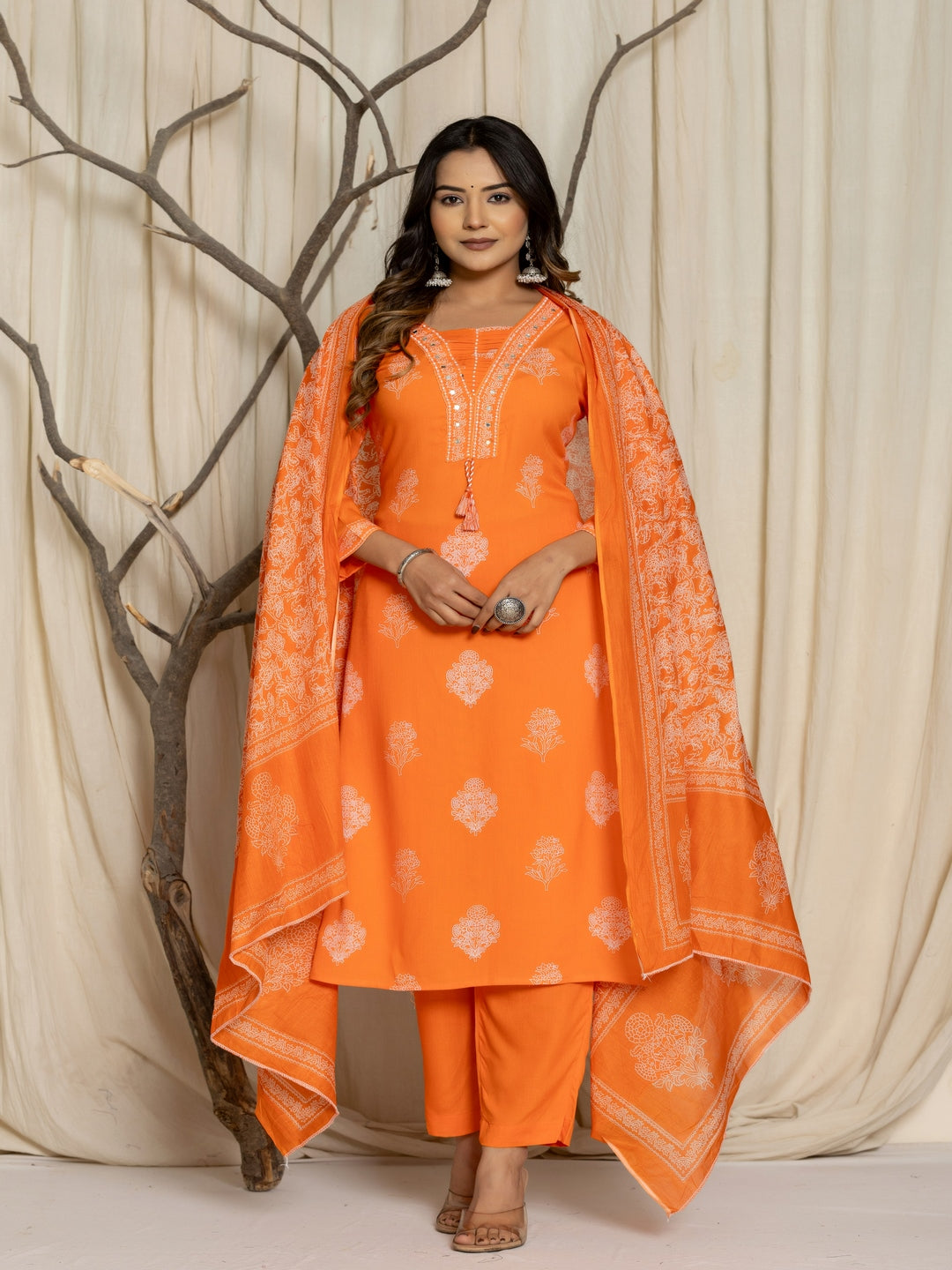 Floral Print Rayon Straight Kurta Set with Trousers & Dupatta