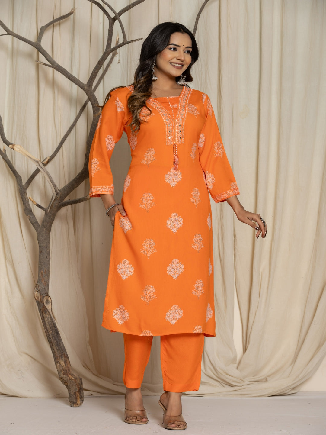 Floral Print Rayon Straight Kurta Set with Trousers & Dupatta