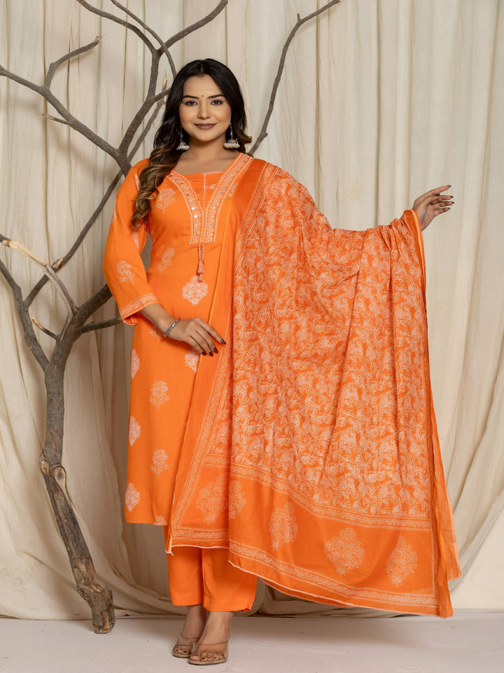 Floral Print Rayon Straight Kurta Set with Trousers &amp; Dupatta