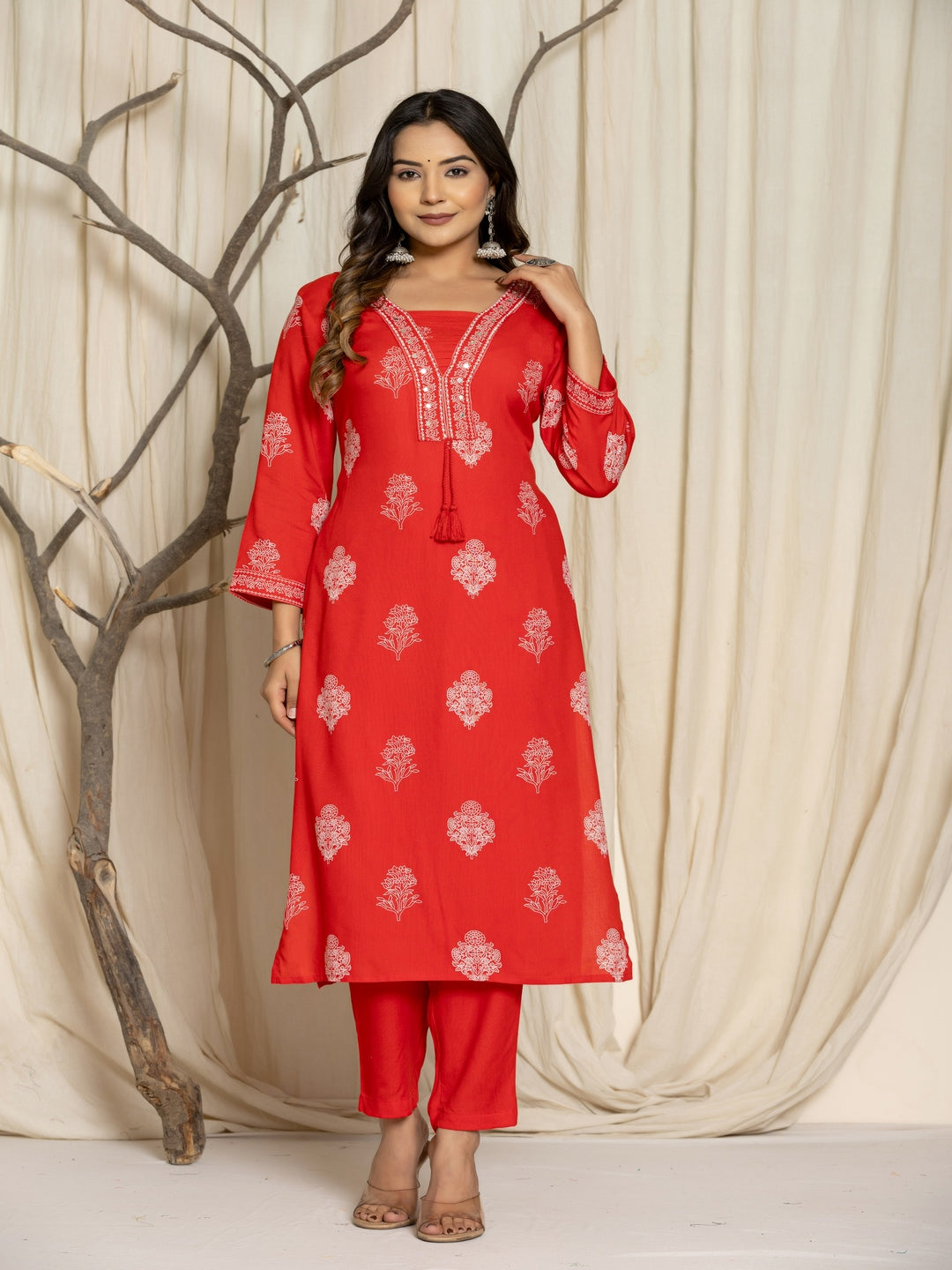 Floral Print Rayon Straight Kurta Set with Trousers &amp; Dupatta