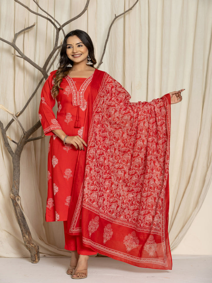 Floral Print Rayon Straight Kurta Set with Trousers &amp; Dupatta