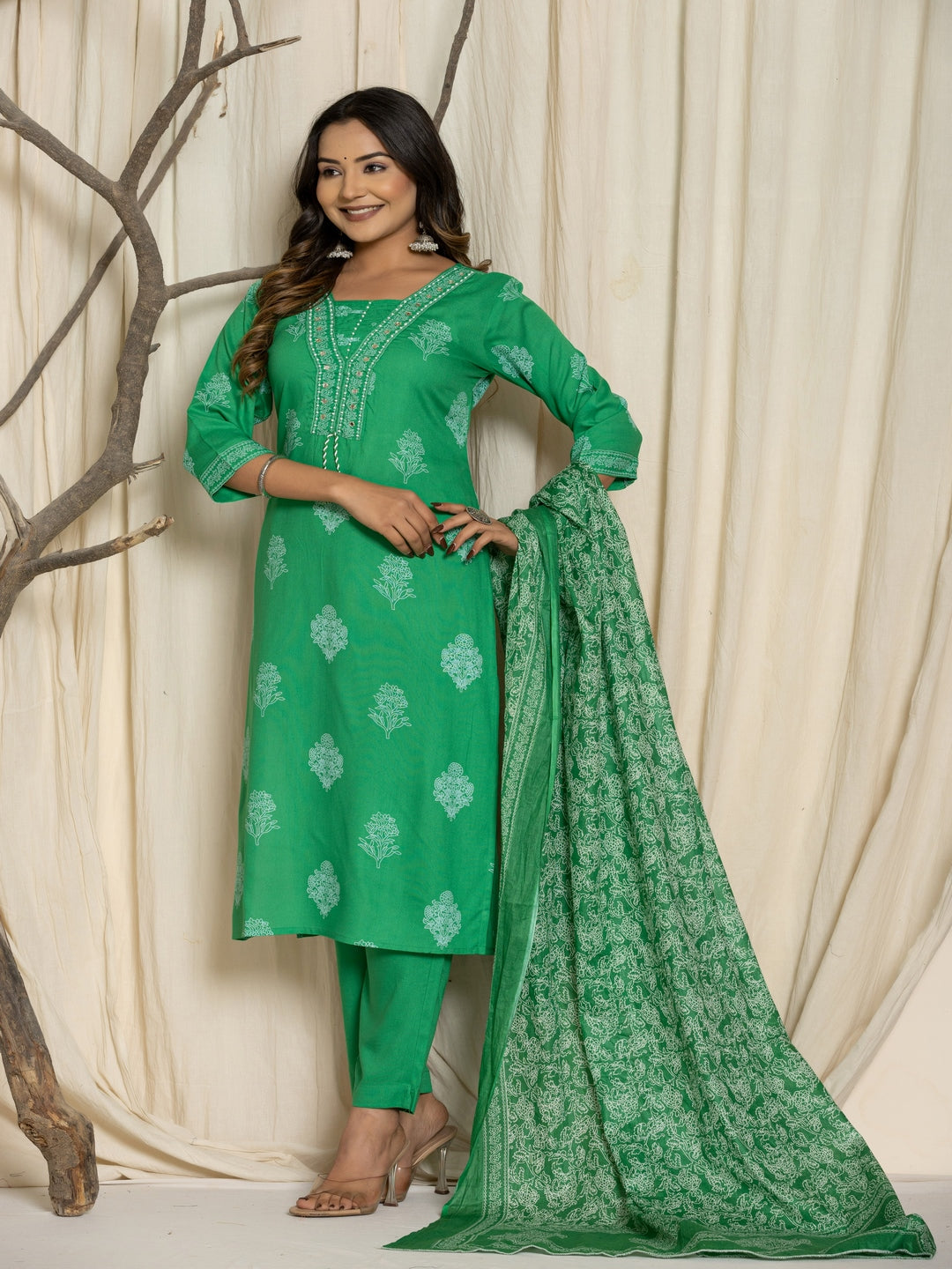 Floral Print Rayon Straight Kurta Set with Trousers &amp; Dupatta