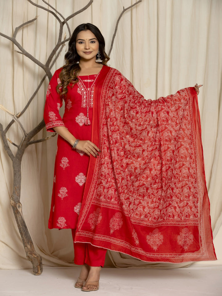 Floral Print Rayon Straight Kurta Set with Trousers &amp; Dupatta