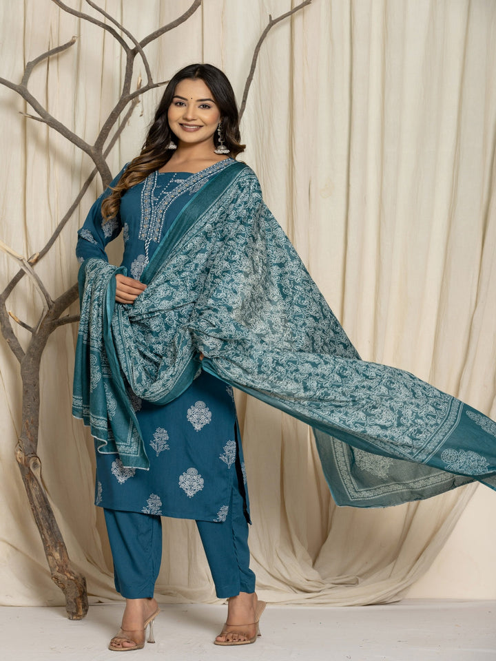 Floral Print Rayon Straight Kurta Set with Trousers &amp; Dupatta
