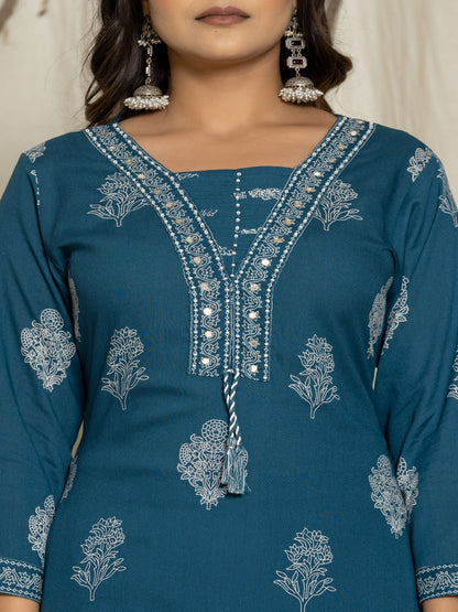 Floral Print Rayon Straight Kurta Set with Trousers & Dupatta