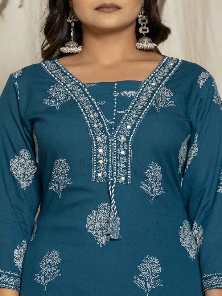 Floral Print Rayon Straight Kurta Set with Trousers &amp; Dupatta