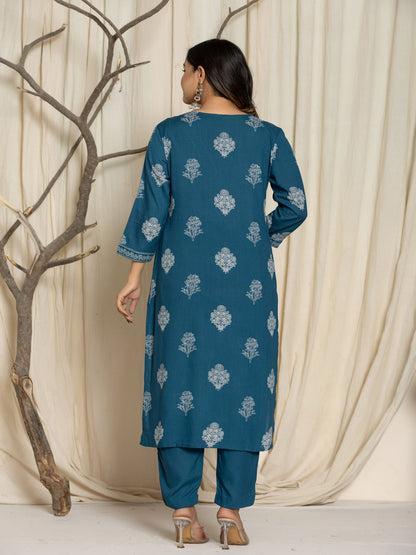 Floral Print Rayon Straight Kurta Set with Trousers & Dupatta
