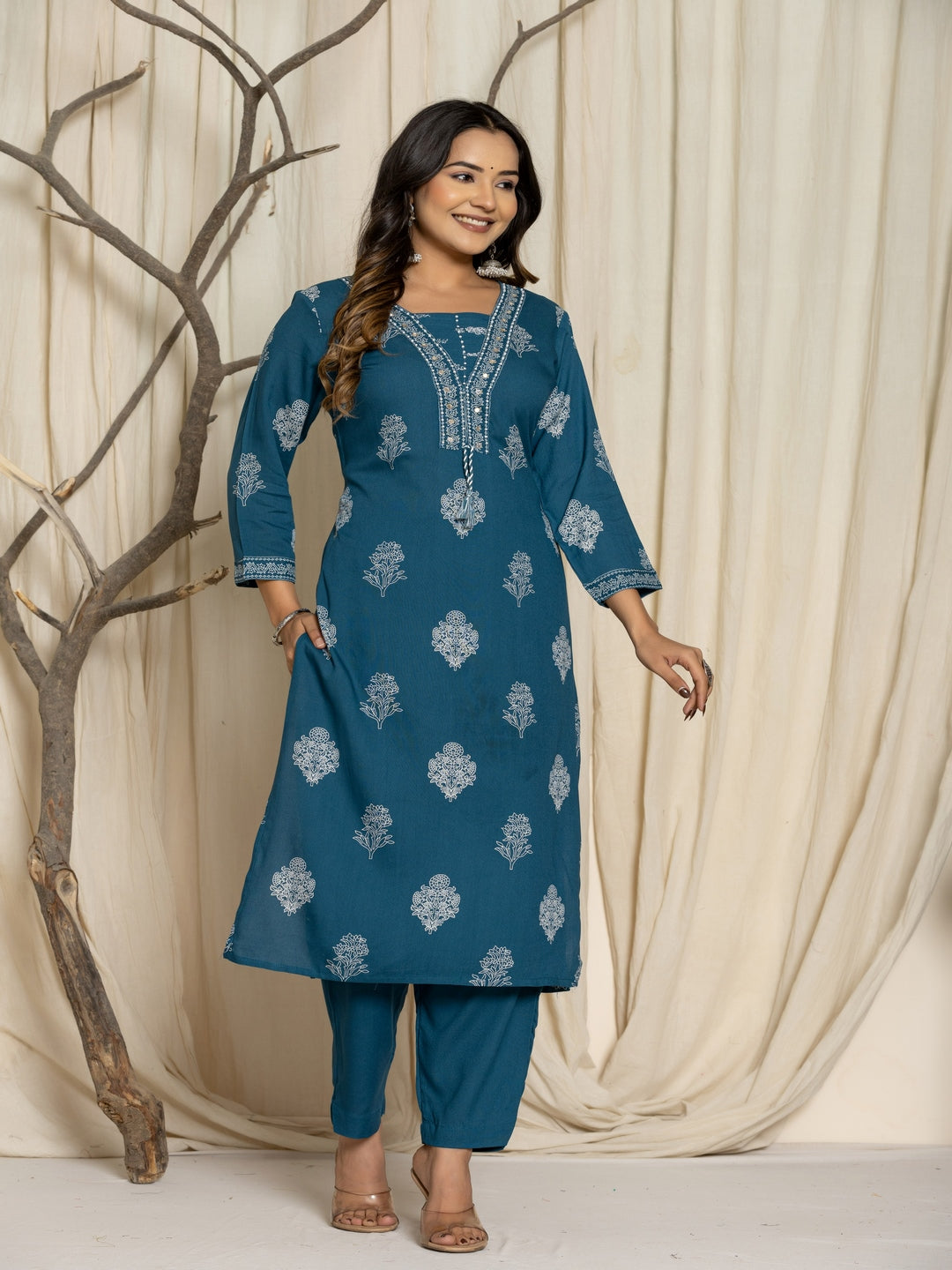 Floral Print Rayon Straight Kurta Set with Trousers & Dupatta