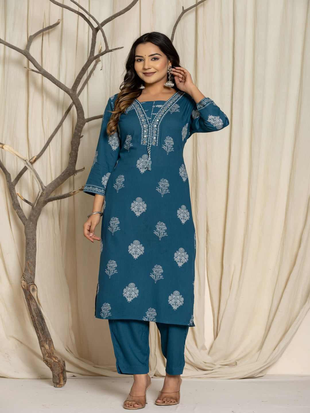 Floral Print Rayon Straight Kurta Set with Trousers & Dupatta