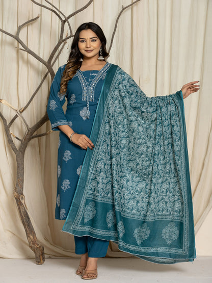 Floral Print Rayon Straight Kurta Set with Trousers & Dupatta