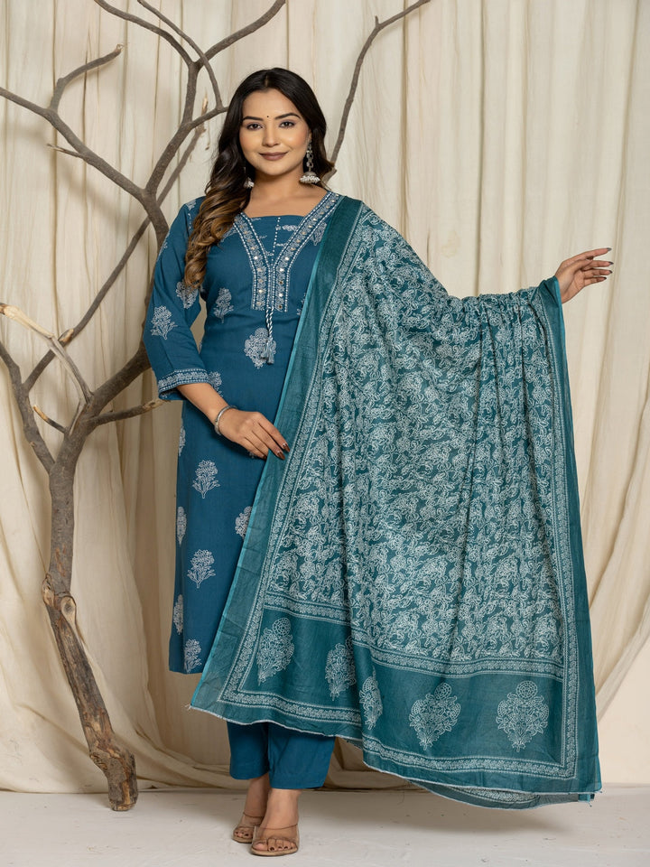 Floral Print Rayon Straight Kurta Set with Trousers &amp; Dupatta
