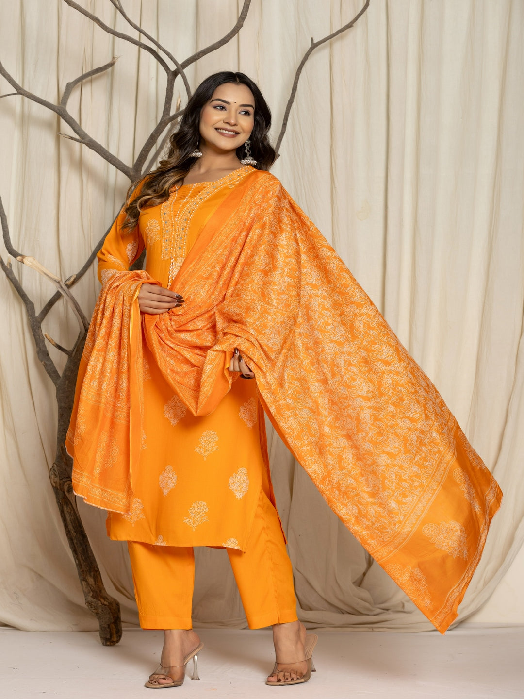 Floral Print Rayon Straight Kurta Set with Trousers &amp; Dupatta