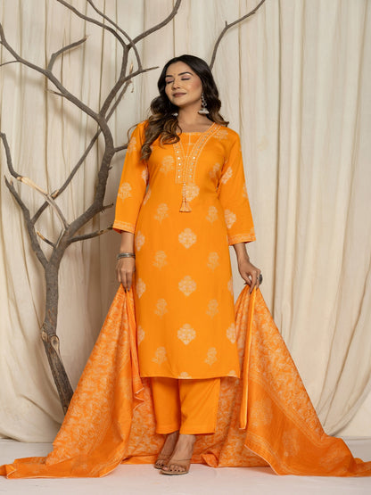 Floral Print Rayon Straight Kurta Set with Trousers & Dupatta
