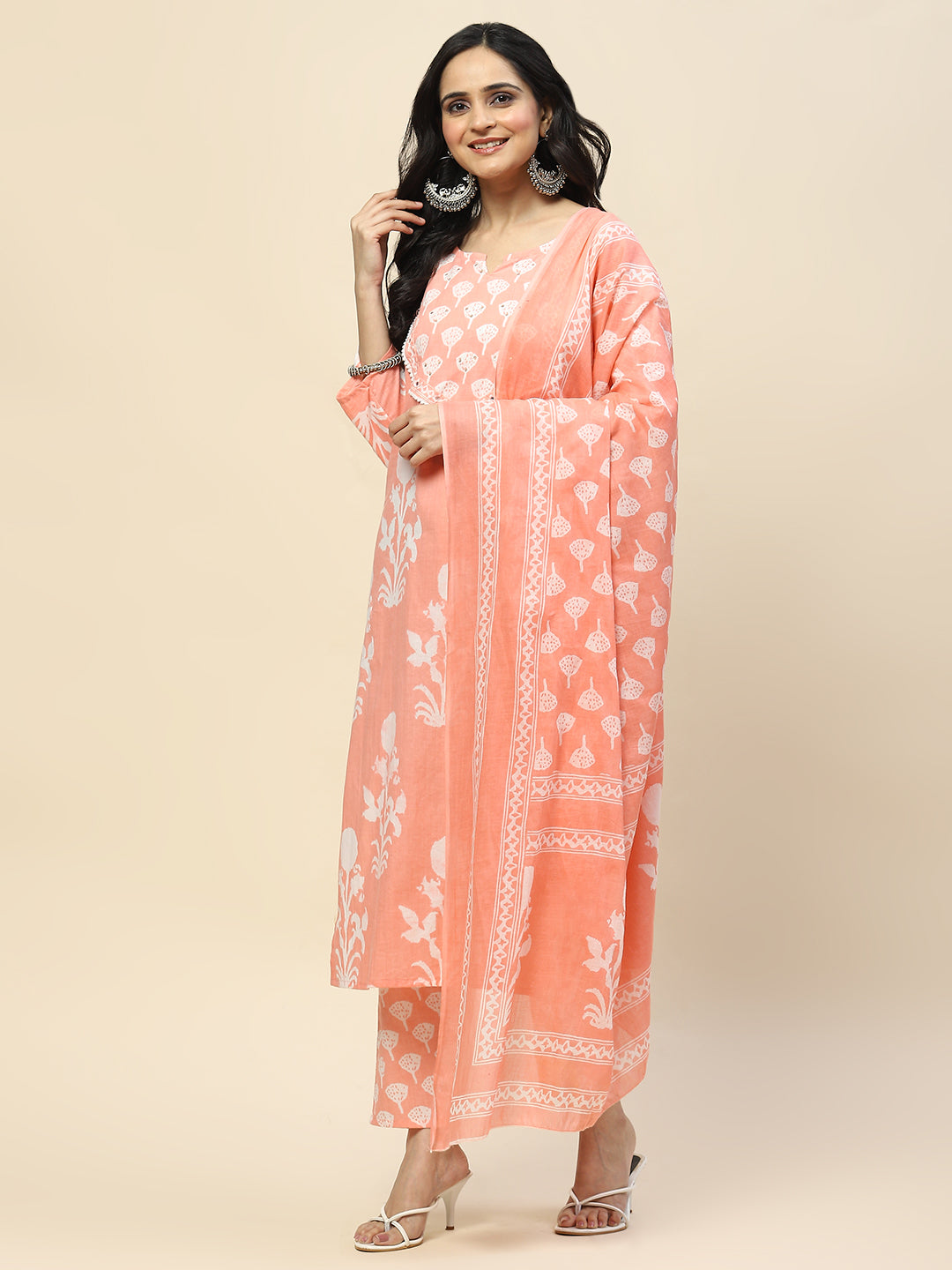 Printed Cotton Straight Kurta Pant With Dupatta Set (Peach)