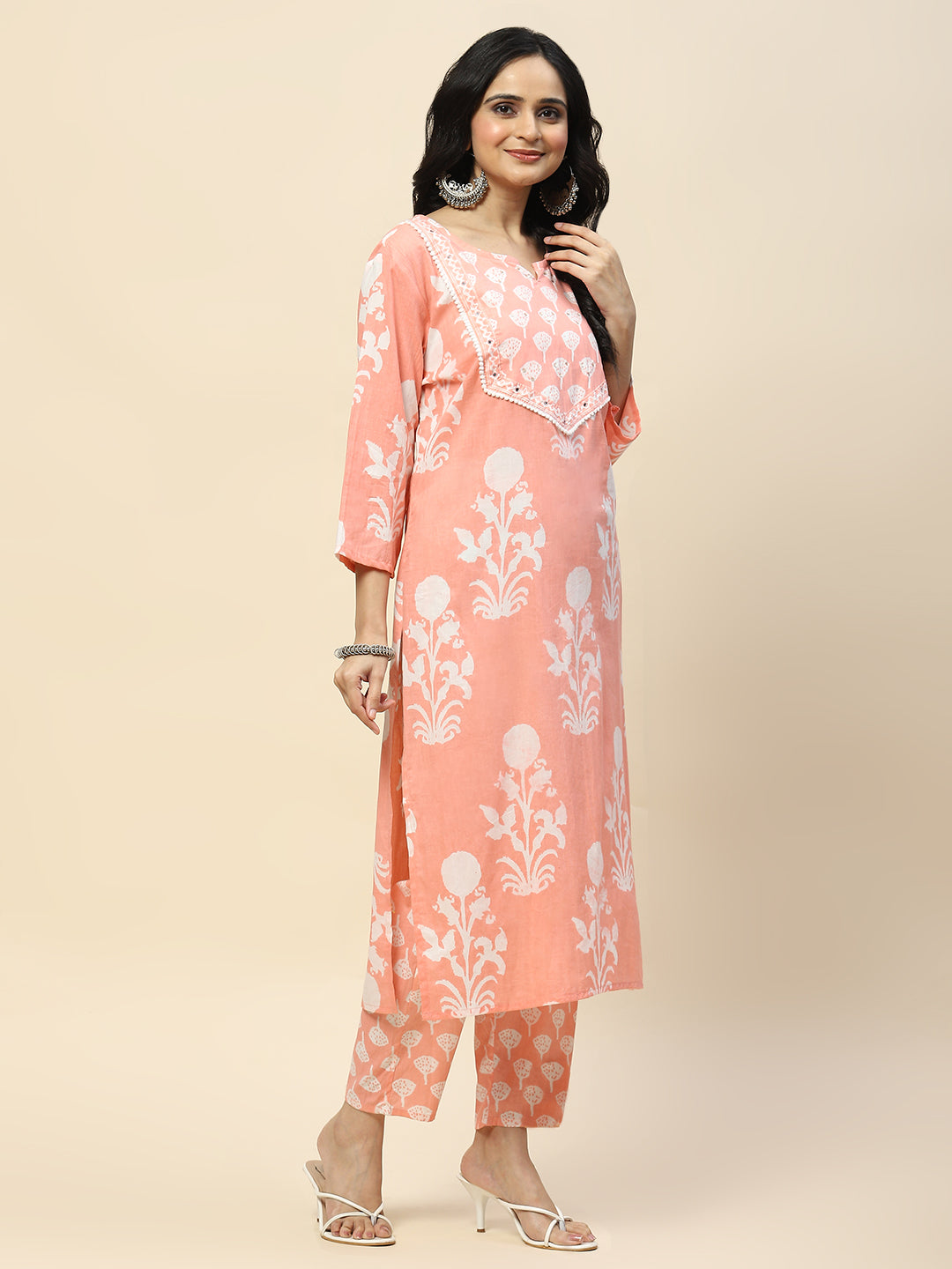 Printed Cotton Straight Kurta Pant With Dupatta Set (Peach)
