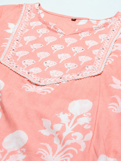 Printed Cotton Straight Kurta Pant With Dupatta Set (Peach)