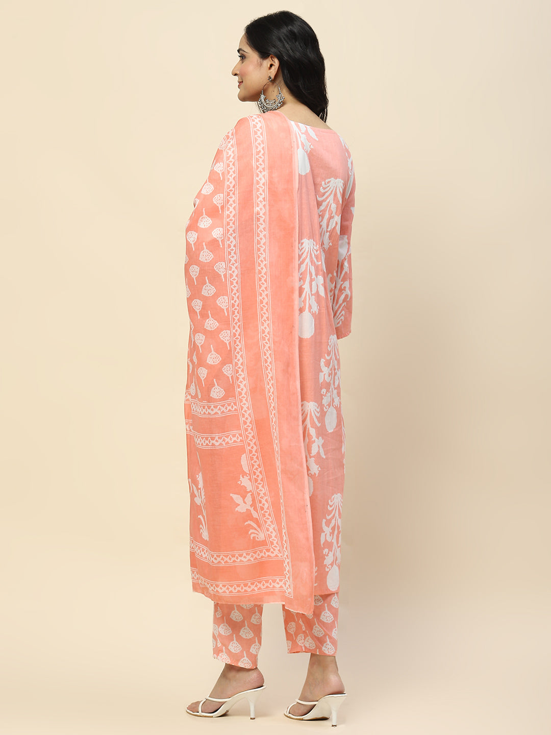 Printed Cotton Straight Kurta Pant With Dupatta Set (Peach)