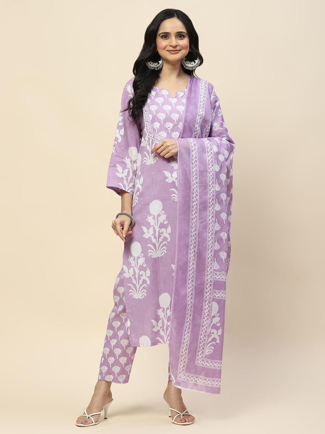Printed Cotton Straight Kurta Pant With Dupatta Set (Purple)