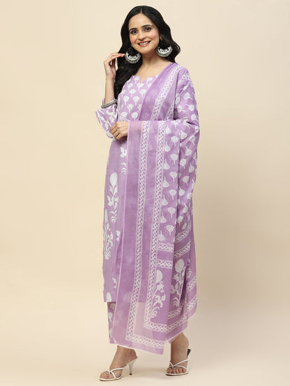 Printed Cotton Straight Kurta Pant With Dupatta Set (Purple)