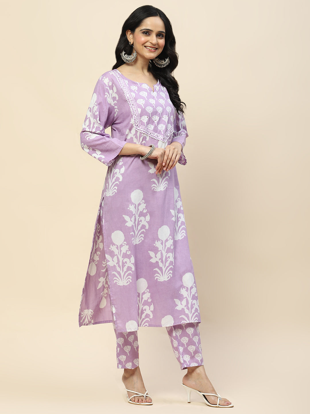 Printed Cotton Straight Kurta Pant With Dupatta Set (Purple)