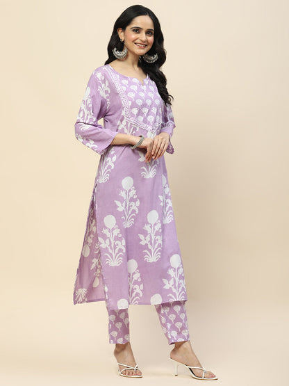 Printed Cotton Straight Kurta Pant With Dupatta Set (Purple)