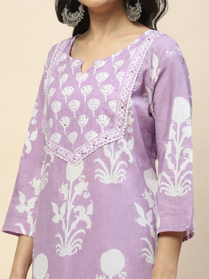 Printed Cotton Straight Kurta Pant With Dupatta Set (Purple)