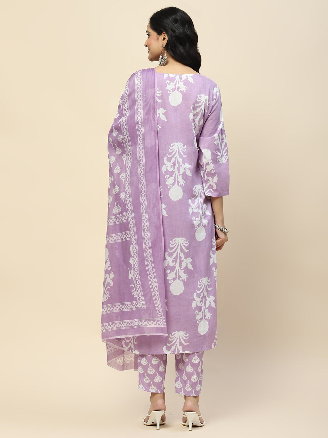 Printed Cotton Straight Kurta Pant With Dupatta Set (Purple)