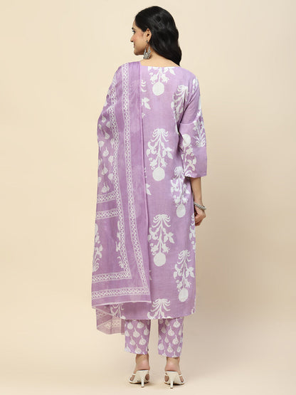 Printed Cotton Straight Kurta Pant With Dupatta Set (Purple)
