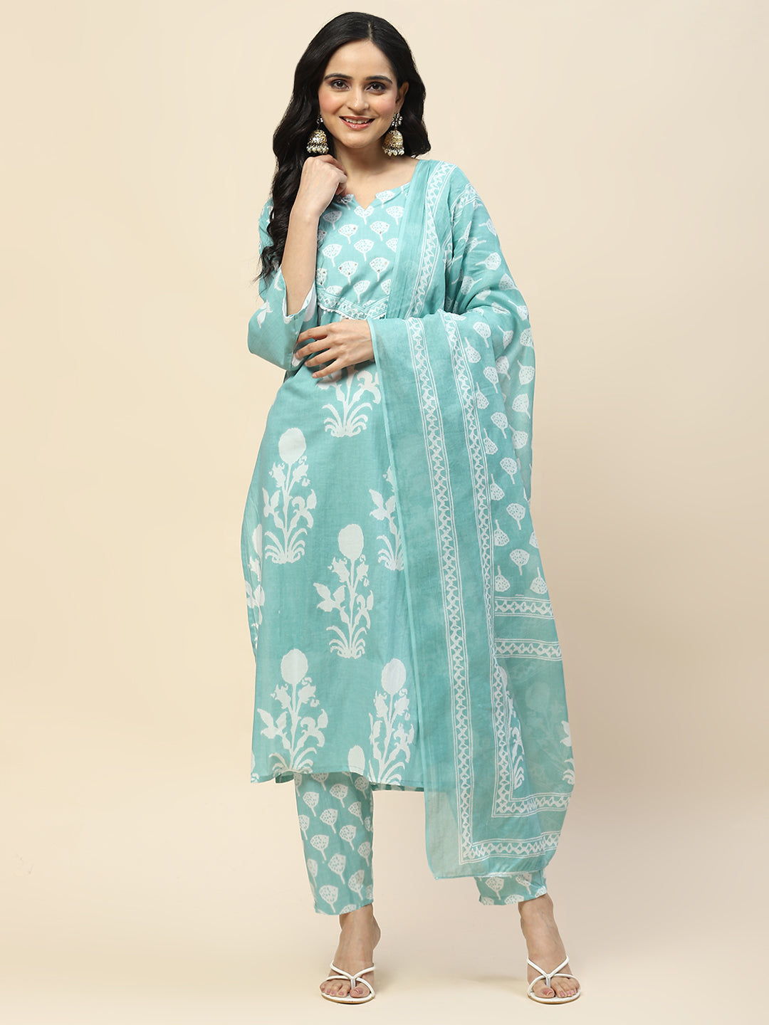 Printed Cotton Straight Kurta Pant With Dupatta Set (Turquoise)