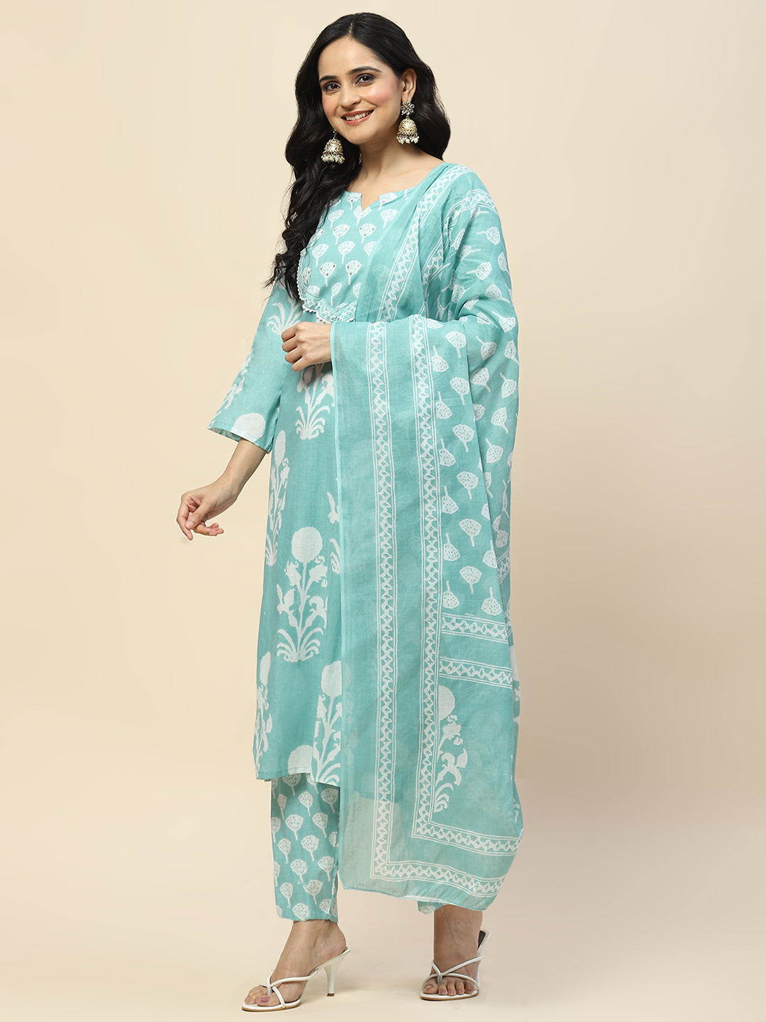 Printed Cotton Straight Kurta Pant With Dupatta Set (Turquoise)
