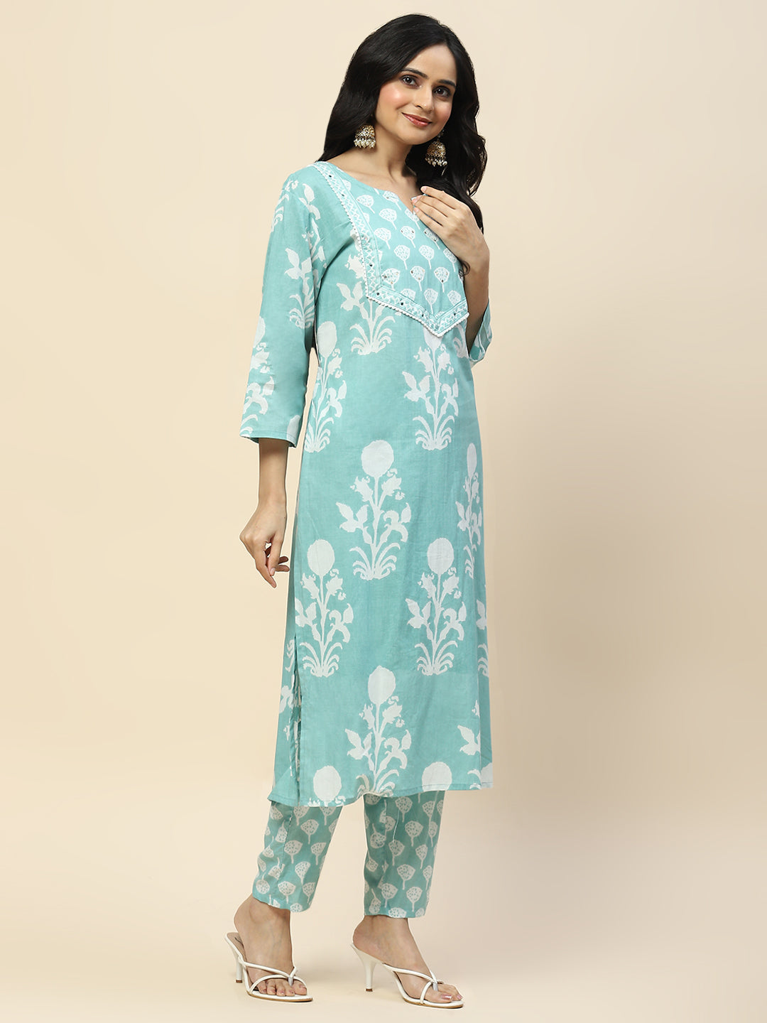 Printed Cotton Straight Kurta Pant With Dupatta Set (Turquoise)