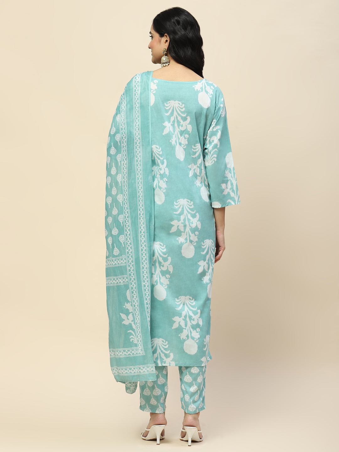 Printed Cotton Straight Kurta Pant With Dupatta Set (Turquoise)