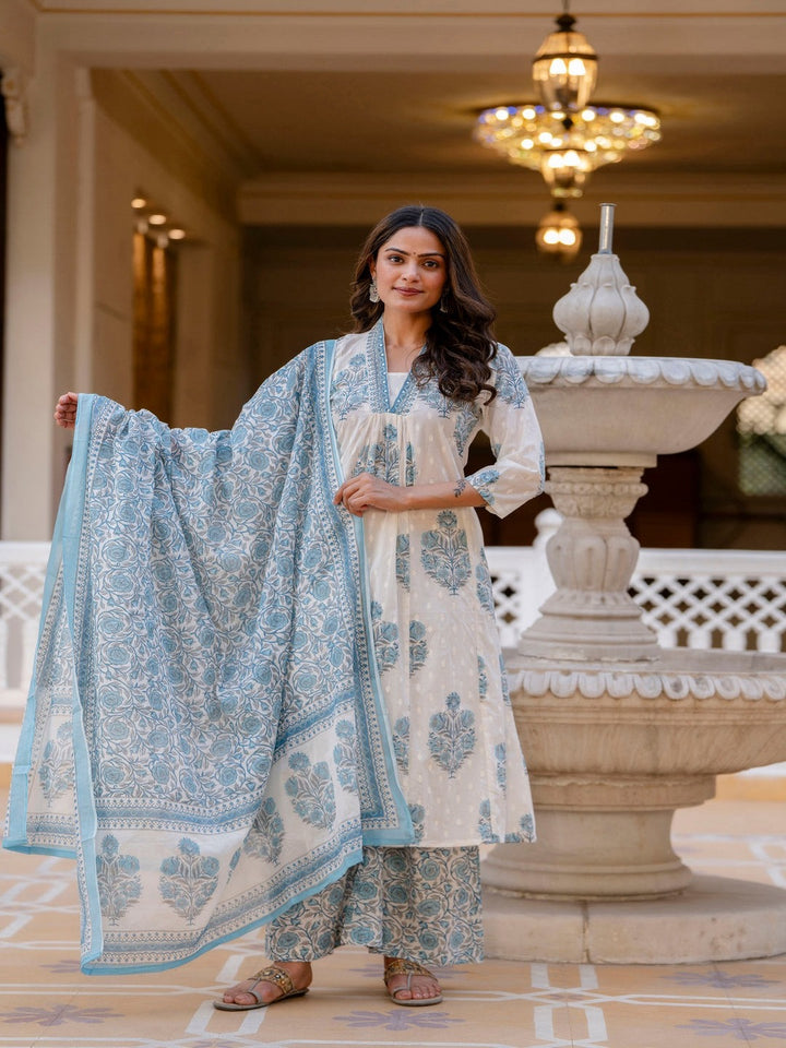Cotton A-Line Kurta, Palazzo &amp; Dupatta Set