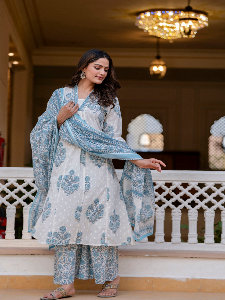 Cotton A-Line Kurta, Palazzo &amp; Dupatta Set