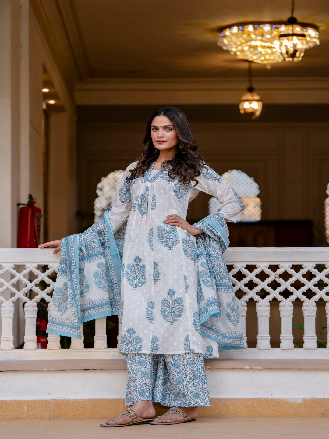 Cotton A-Line Kurta, Palazzo &amp; Dupatta Set
