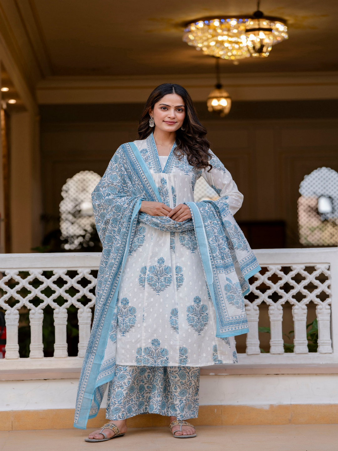 Cotton A-Line Kurta, Palazzo &amp; Dupatta Set