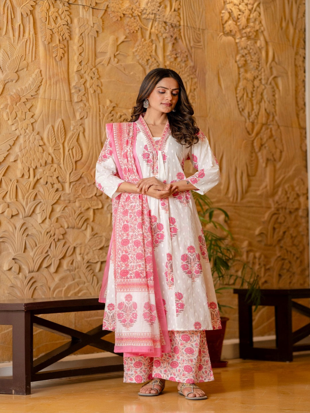 Cotton A-Line Kurta, Palazzo &amp; Dupatta Set