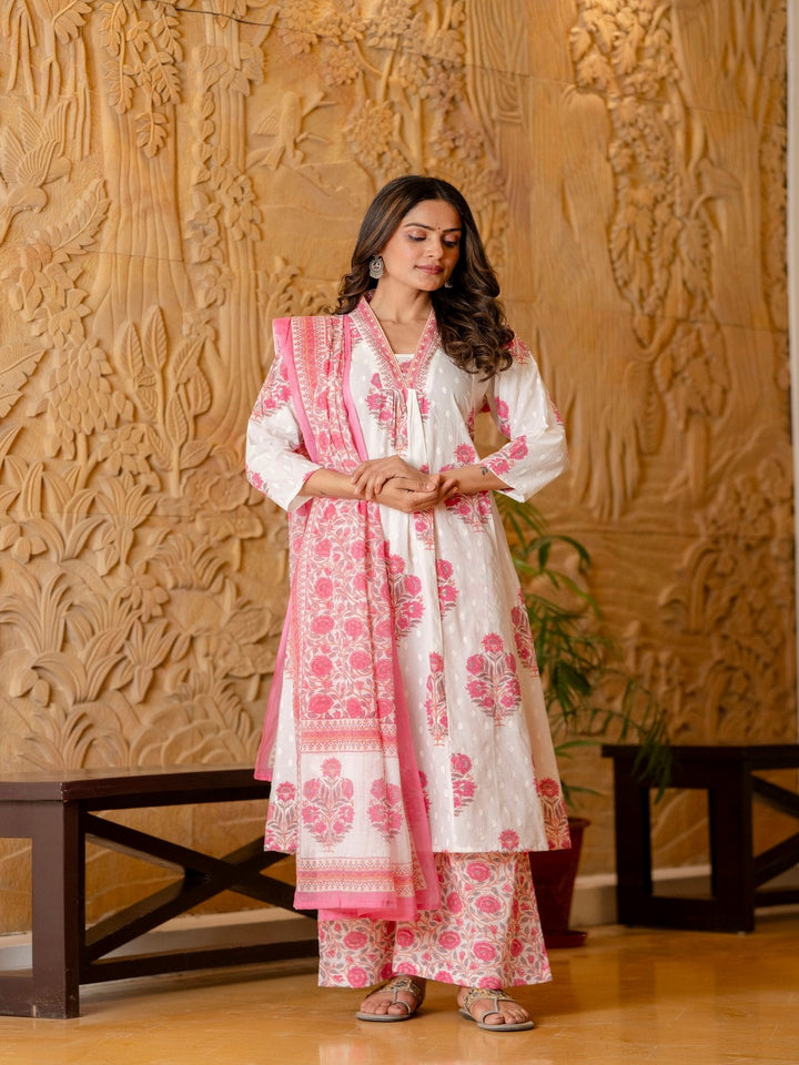 Cotton A-Line Kurta, Palazzo &amp; Dupatta Set