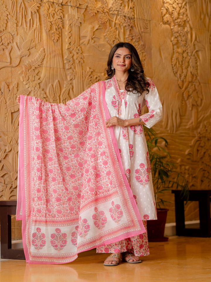 Cotton A-Line Kurta, Palazzo &amp; Dupatta Set