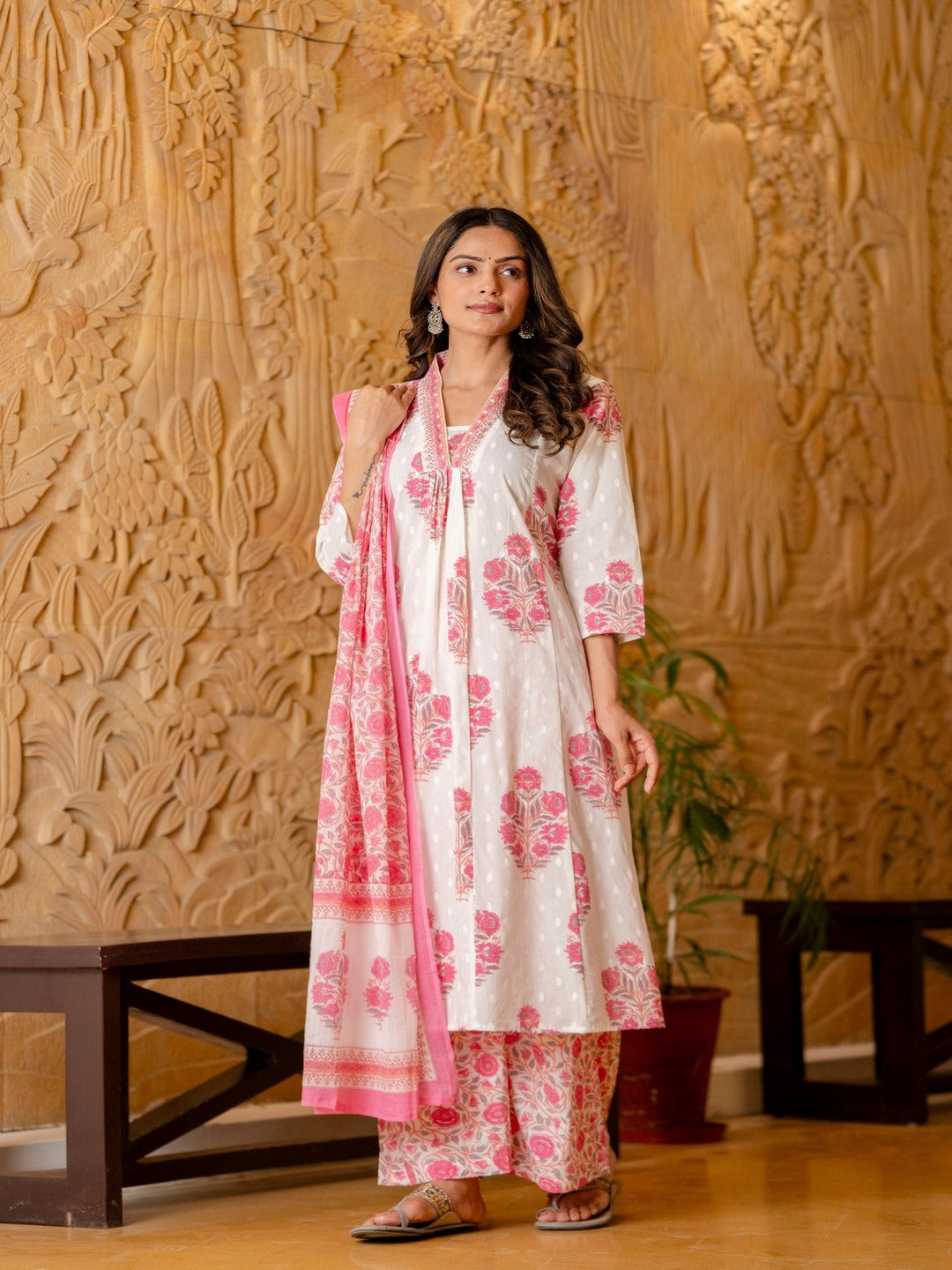 Cotton A-Line Kurta, Palazzo &amp; Dupatta Set